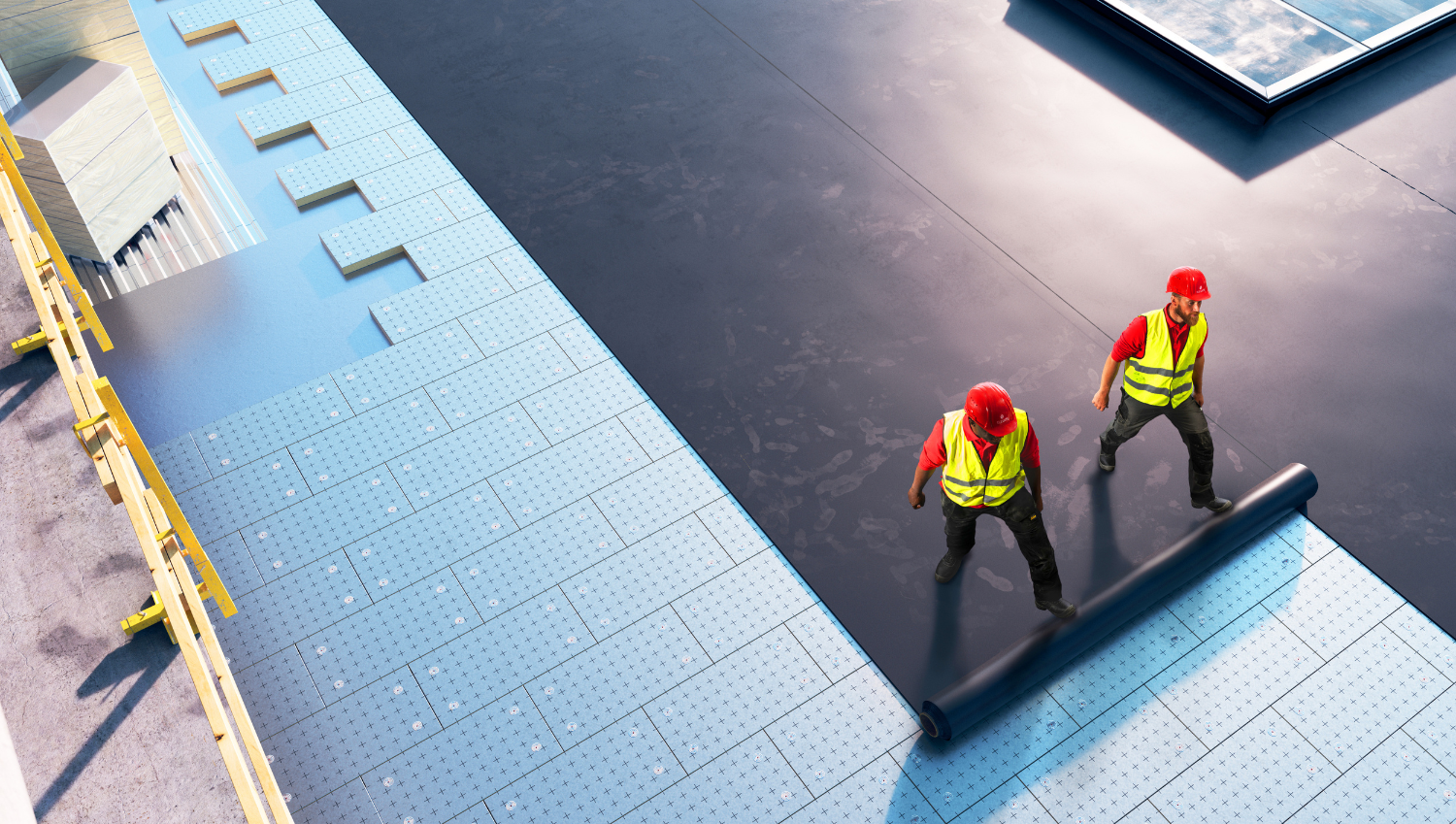 Ouvriers en train de poser une membrane EPDM sur une toiture plate.